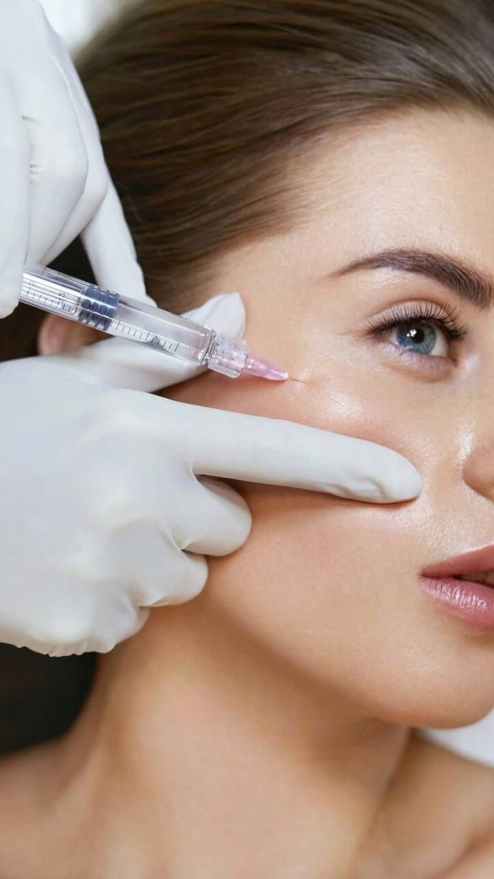 Woman receiving a facial PRP injection with a gloved hand holding a syringe against a white background