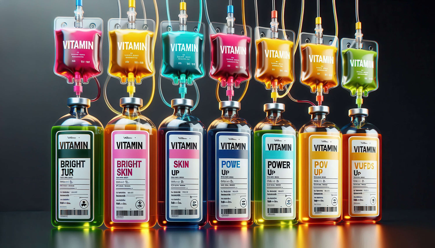 Colorful vitamin infusion bags labeled with various health benefits on a dark background