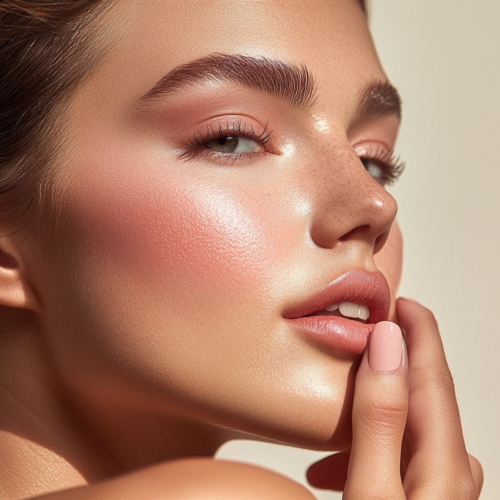 Close-up of a woman's face with makeup, including blush and eyeliner, on a neutral background.