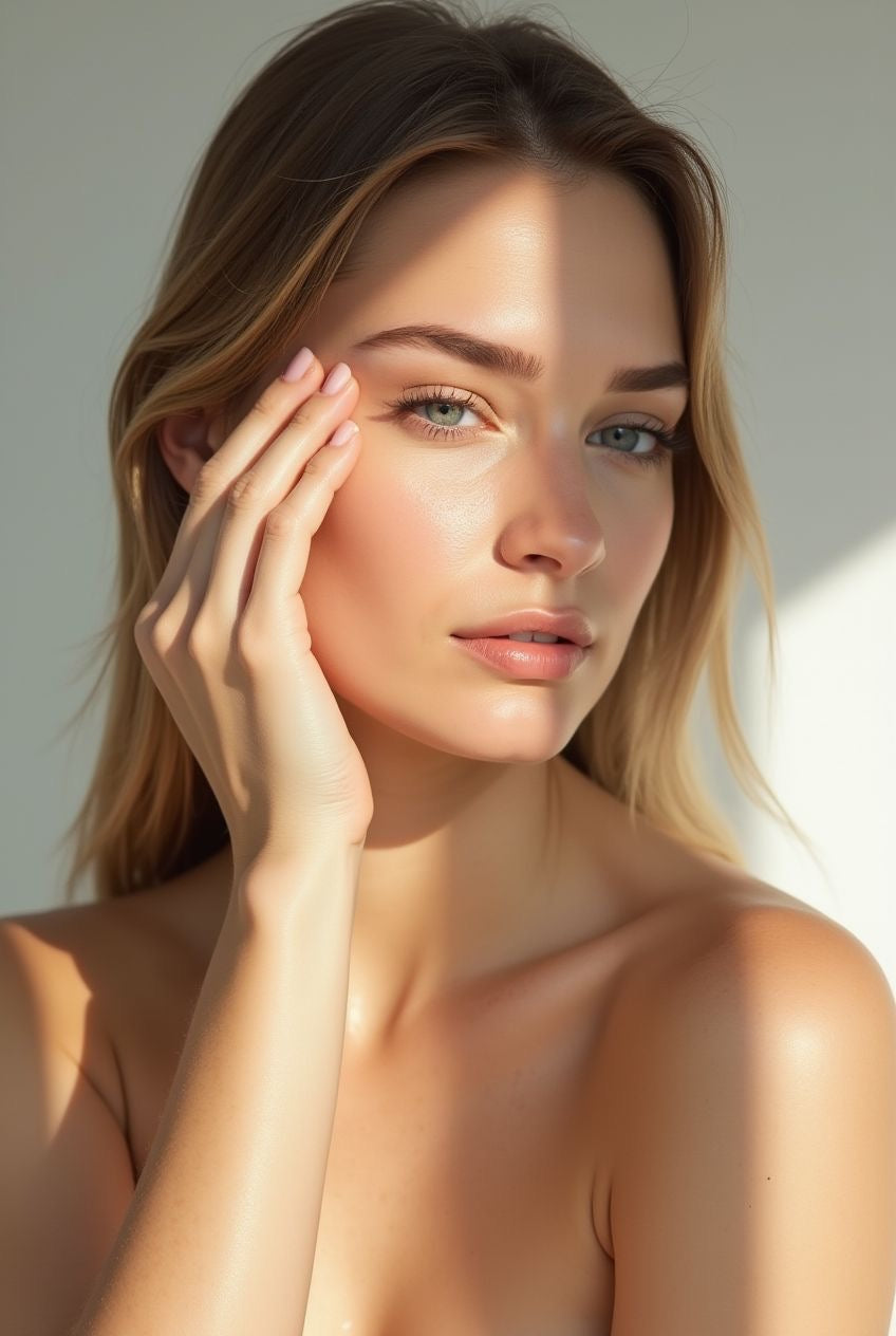 Woman with smooth skin touching her face against a neutral background
