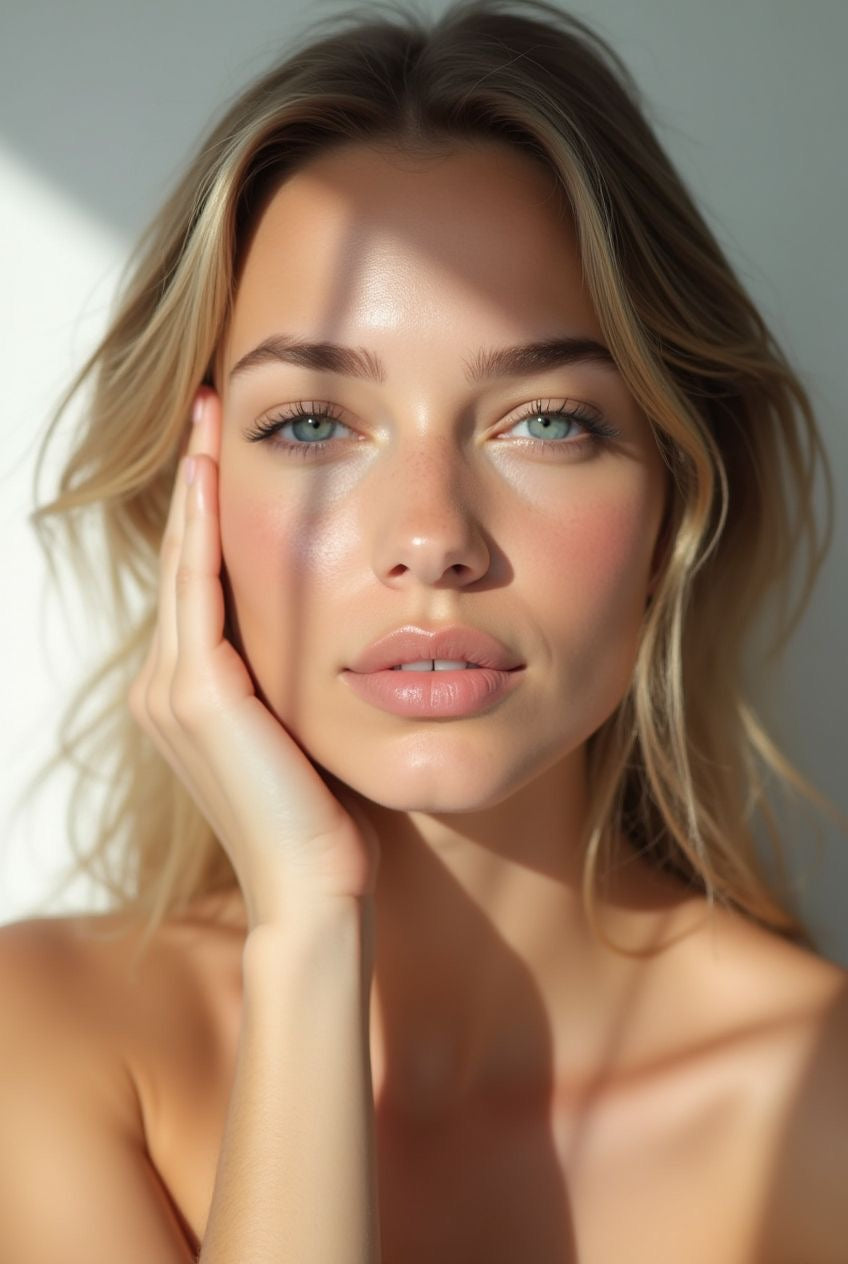 Woman with blonde hair and blue eyes, wearing minimal makeup against a neutral background